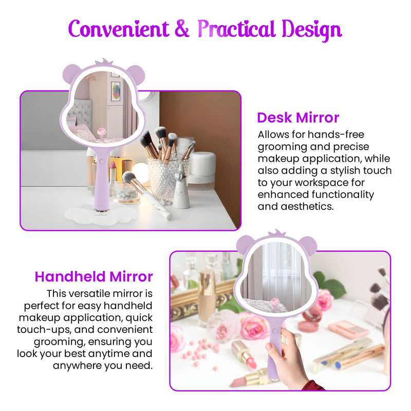 Impressions Vanity Care Bears Share Bear LED Handheld Makeup Mirror for Desk, Lighted Travel Makeup Mirror with Detachable Standing Base, Ultra Bright Adjustable Lighting and Figural Shaped (Purple) Purple