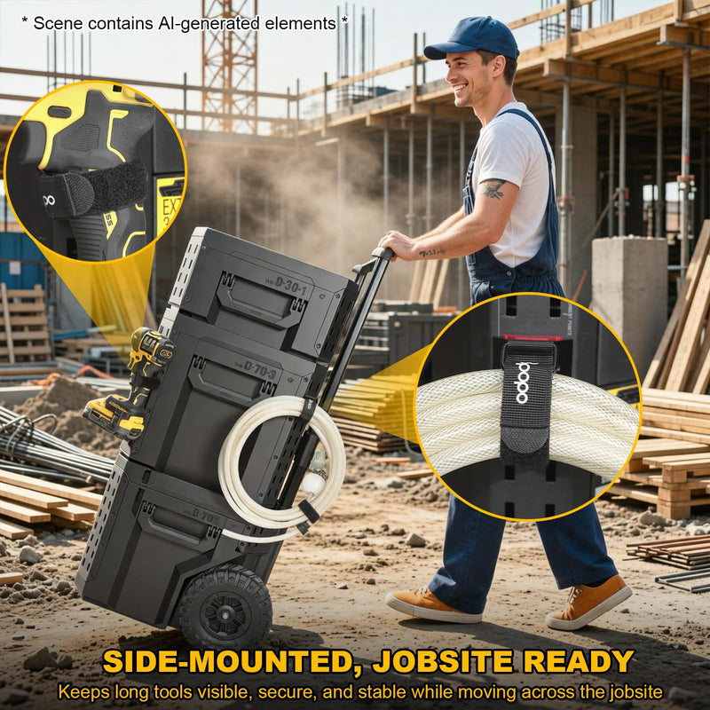 Long Handle Tool Holder Compatible with ToughBuilt StackTech Toolboxes, Rail-Mounted Adjustable Strap for Axe, Shovel, Extension Pole & Conduit Bender