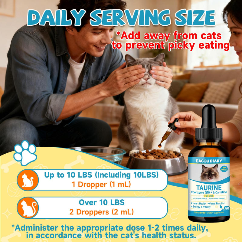 Taurine for Cats Drop - Taurine Supplement for Cats, Supports Feline Heart & Immune Function, Vision, Energy & Vitality, Coenzyme Q10, L-Carnitine, L-Arginine, Vitamin, Liquid Cat Taurine 60ML