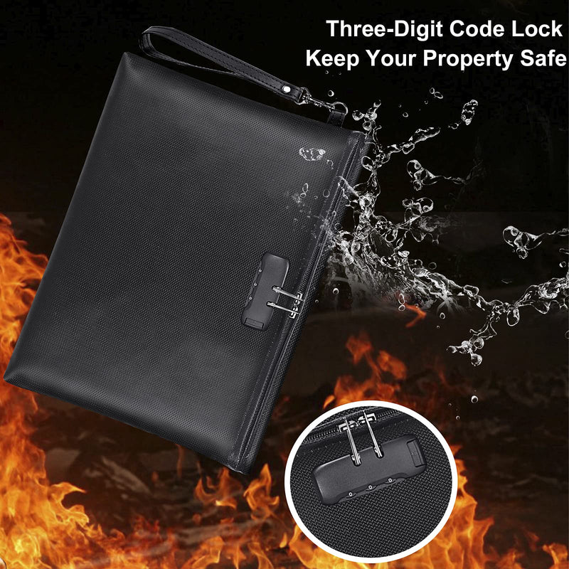 Fireproof Document Bag with Lock, ZOOPIP 14.3"x10.2" Fireproof and Waterproof Money Bag with Zipper Closure, Storage Pouch for A4 Letter Size Document, Cash, Cell Phone, Tablet, Credit Card,Passport Black 14.3"*10.2"*0.6"