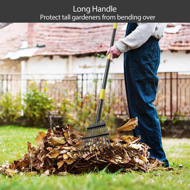 Oliynedy Leaf Rake for Gardening, Adjustable Metal Garden Rake for Leaves Long Handle 30-60", 11 Tines 9" wide Small Lawn Collapsible Yard Adult Kids Rake for Camping Flower Beds Mulch Shrub 30-60"
