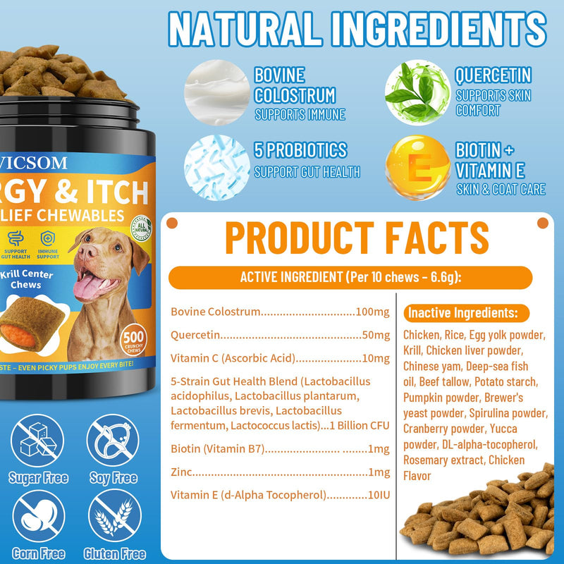 Dog Allergy Relief Chews + Dog Probiotics Chews – Itch & Digestive Support Bundle, 700 Chews Total, Natural Skin & Coat Support with Colostrum, Quercetin & Probiotics for Gut Health, Daily Care for Al