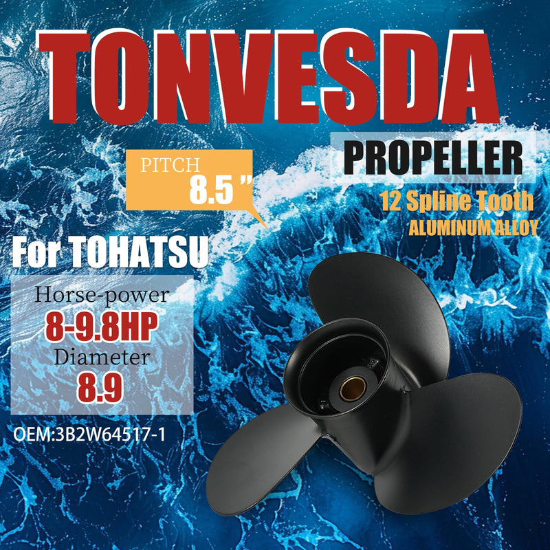 Upgrade OEM Aluminum Boat Outboard Propeller for Tohatsu Engines 8-9.8 HP,12 Spline Tooth,8.5x7.5 8.5x9 8.5x9.5 8.9x8.5,RH