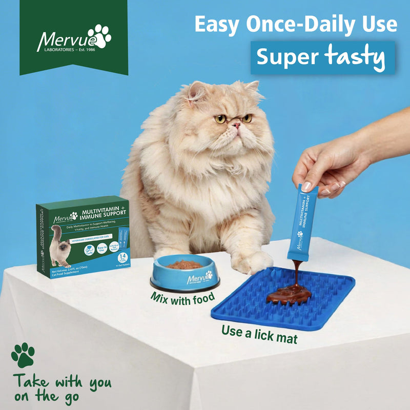 Mervue Multivitamin + Immune Support for Cats – Pre-Measured Cat Multivitamin Gel Packets for Daily Vitality – Formula with Beta Glucans and Taurine for Cats for Natural Defenses (14, 5ml Packets)