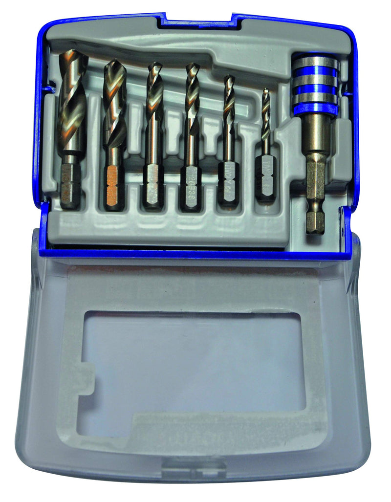 TIVOLY - Compact Set of 6 HSS One-Extra Short Metal Drill Bits Ø1/8" to 3/8" + 1 Quick Change Bit Holder - High-Performance Drills for Resistant Steel - Hex Shank- Designed for Tubing and Sheet Metal