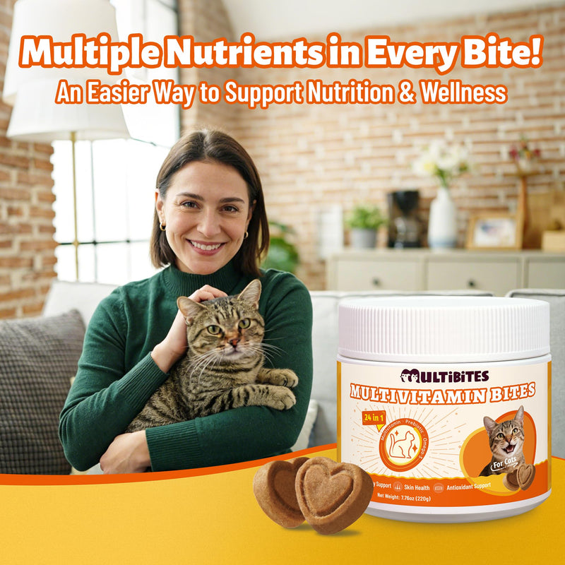 24-in-1 Vitamins Supplements and Taurine for Cats with CoQ10, Lysine, Glucosamine, Omega 3 - Cat Vitamins for Indoor Cats for Heart Health, Immunity Support, Shiny Skin&Coat- 330 Bites 7.76oz