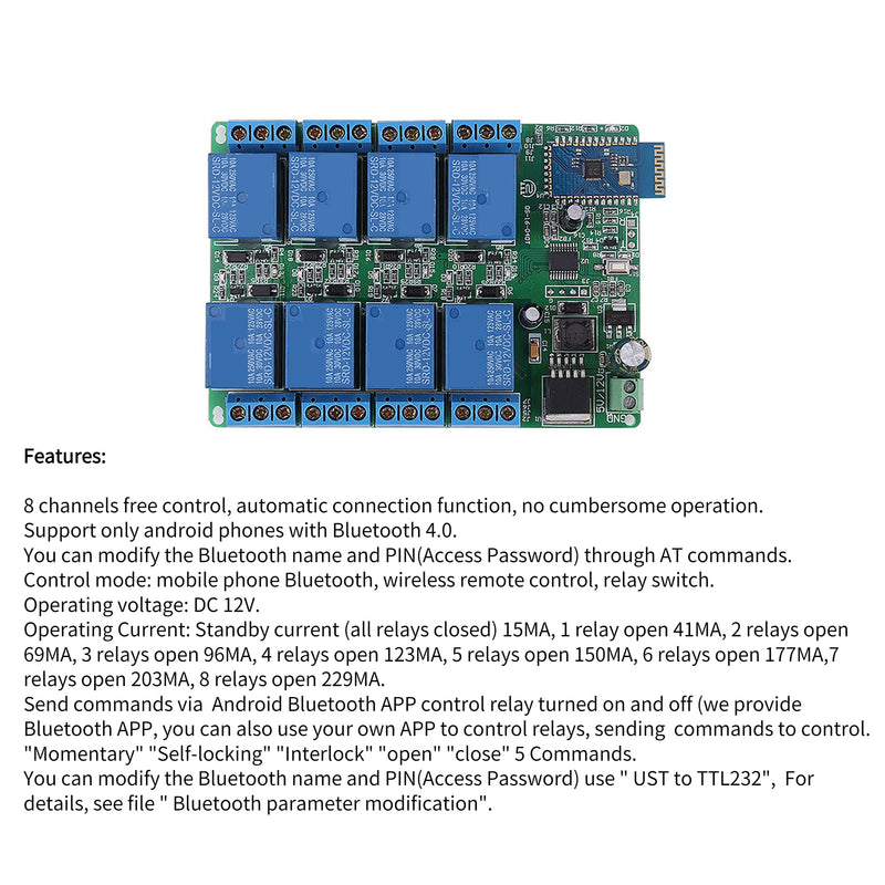 8 Channel Bluetooth 4.0 Relay Module Board Android Mobile Phone App Wireless Remote Control Relay Switch for Android Smart Home DC 12V