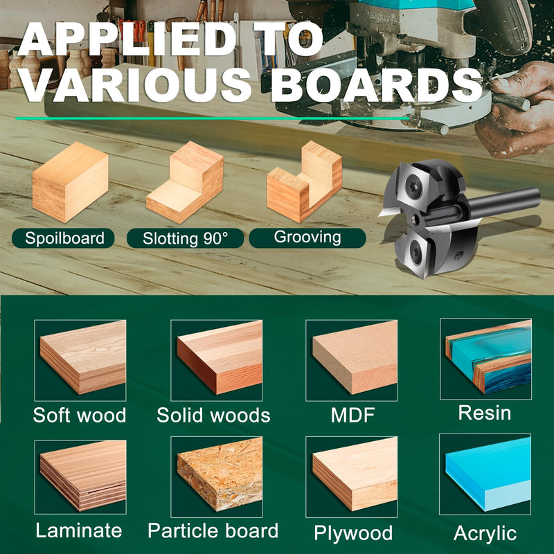 Slab Flattening Router Bits 1/4'' Shank, 1-3/8'' Cutting Diamater | CNC Spoilboard Surfacing Router Bit, CNC Router Flattening Bit for Wood Planing Woodworking Tools 1/4" Shank-1-3/8" Cut Dia. (2+2 Inserts)