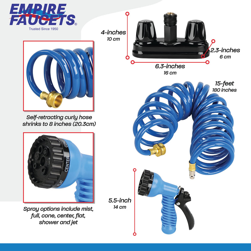 Empire Faucets CRD-BKQDC5-15CHSPRY RV Potable Water Hose Set - 15' Coil Hose with 4" Black Quick Disconnect and 7-Function Sprayer