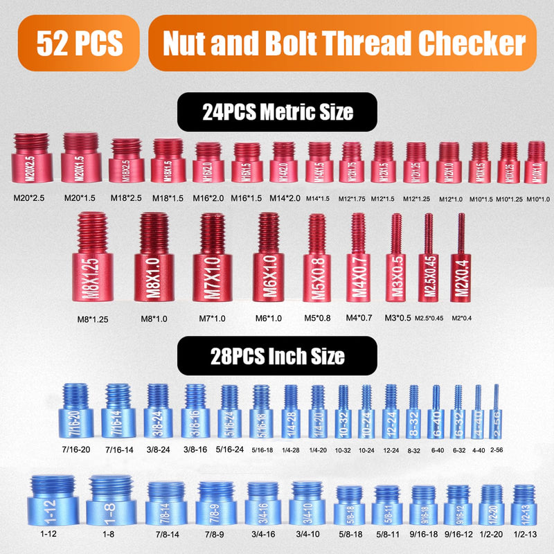 52PCS Thread Checker,Nut and Bolt Thread Checker(28 Standard & 24 Metric),Box Set Thread Gauge,Nut and Bolt Thread Checker Set for Size Check in Narrow Areas