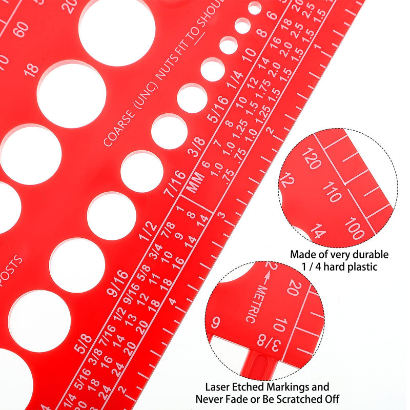 Hoteam 2 Pieces Nut Bolt Thread Gauge Checker Plastic Bolt Size and Thread Gauge Bolt Nut Thread Measure Gauge Bolt and Nut Identifier Gauge Bolt Gauge with Inch and Centimeter Ruler(Red) Red