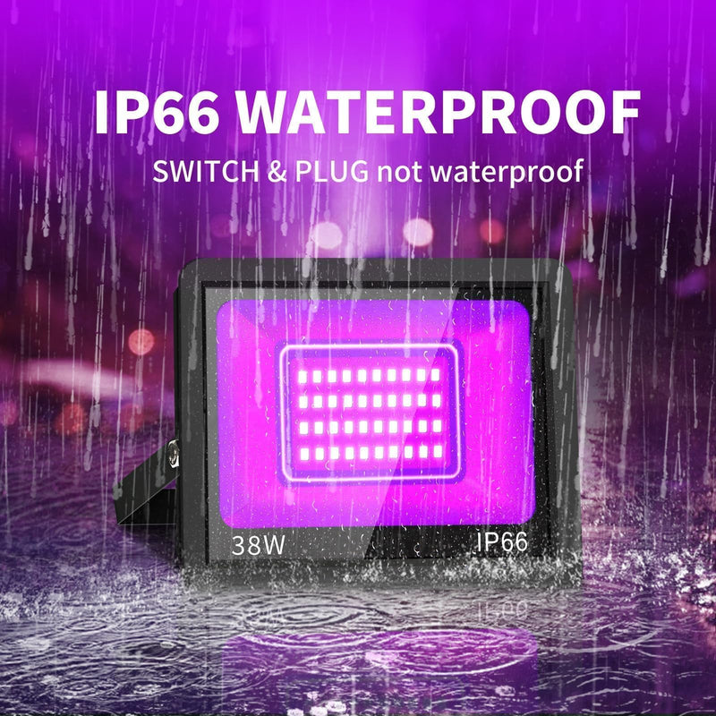 38W LED Black Lights IP66 Waterproof Black Light Outdoor with 5ft Plug+Switch,Flood Blacklight for Halloween Glow in The Dark Party Stage Light Neon Glow Birthday 1 Pack 38W-1Pack