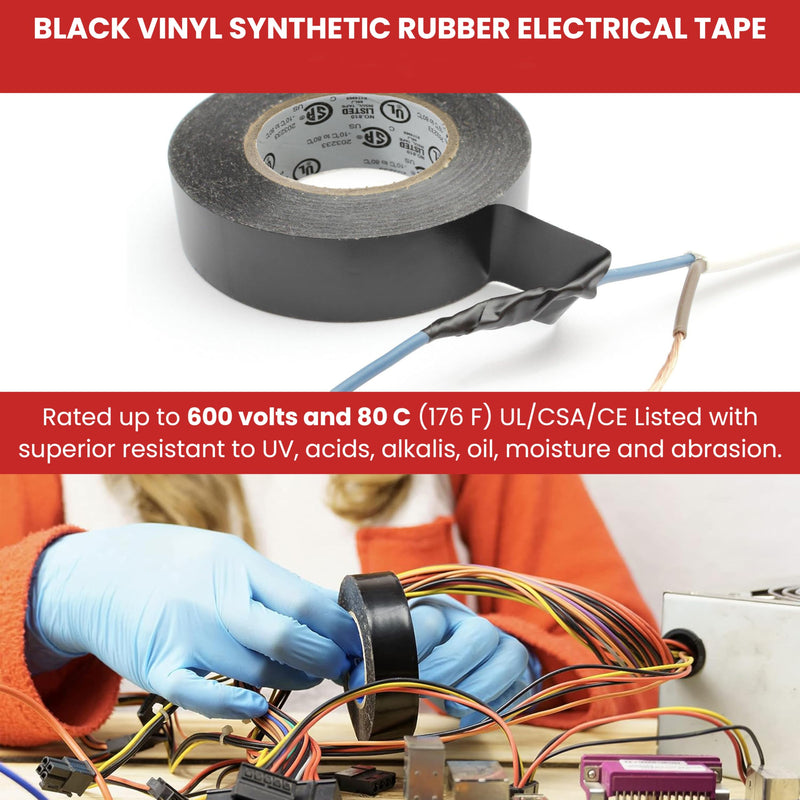 GGR Supplies T.R.U. EL7566-AW Professional Grade Rubber Black PVC Electrical Tape, Rated up to 600 Volts and 176 F - UL/CSA/CE Listed Synthetic: 2 in. x 66 Ft. (8 Mil) 2 in. x 66 ft. (48mm)
