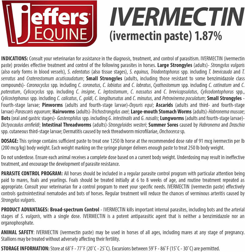Jeffers Ivermectin Horse Dewormer, Single Dose, Apple Flavored, 1.87% Broad Spectrum Dewormer Paste
