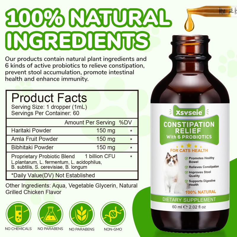 Constipation Relief for Cats, 60ml Cat Constipation Treatment, Cat Probiotic Supplements with 6 Probiotics, Promotes Kitten Digestive Health, Pet Antibiotics for Allergy Relief