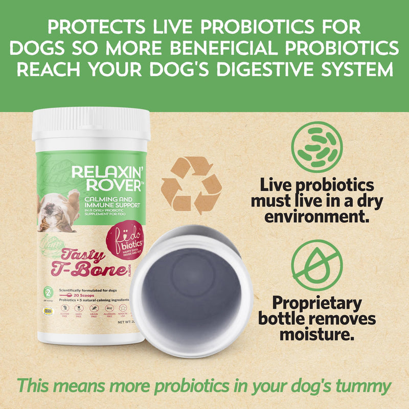Fidobiotics Relaxin’ Rover Calming Supplement, Probiotics for Dogs with Valerian, Chamomile & GABA for Stress & Anxiety Relief, Tasty T-Bone Flavor 20 Servings 20 Day