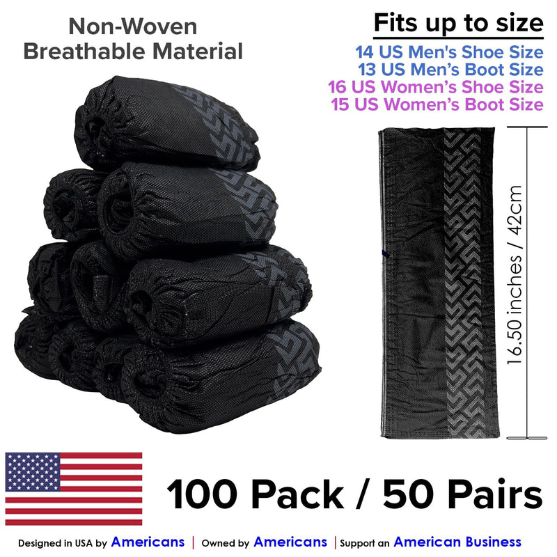 Innovative Haus 100 Pack (50 Pairs) Black Extra Large Disposable Boot and Shoe Covers Disposable - Indoors Reusable Booties for Shoes Covers - Non Slip Treads - Fits US Men's 14 and Women's 16