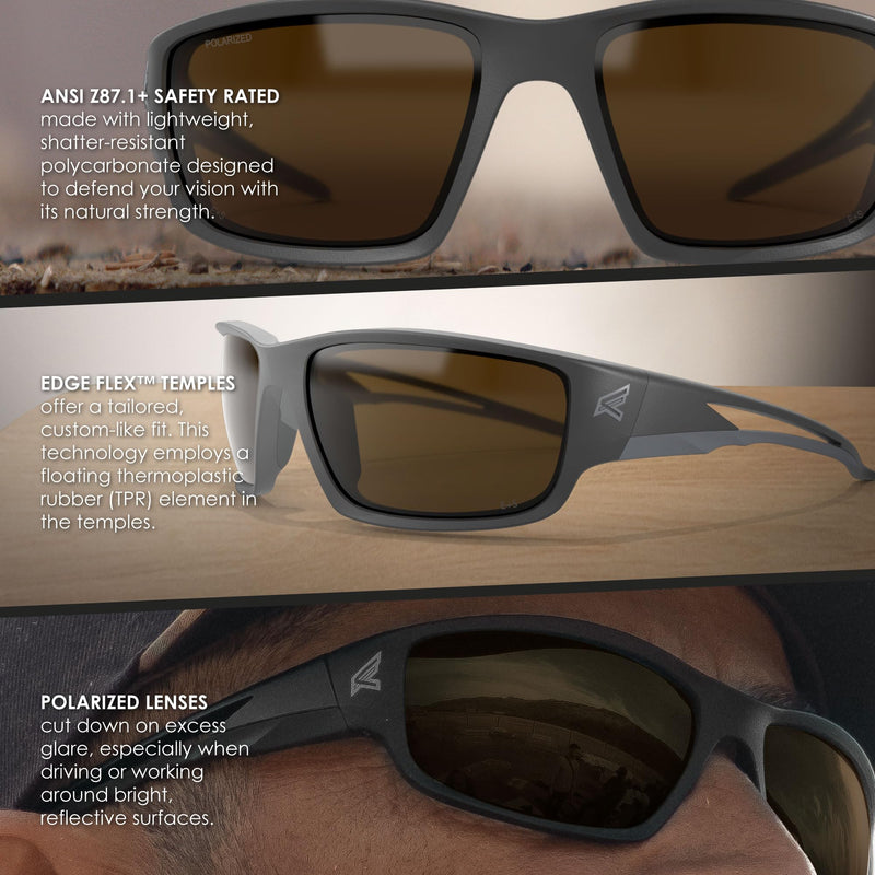 EDGE Kazbek Wrap-Around Safety Glasses, Anti-Scratch, Non-Slip, UV 400, Military Grade, ANSI/ISEA & MCEPS Compliant Black Frame Polarized Copper
