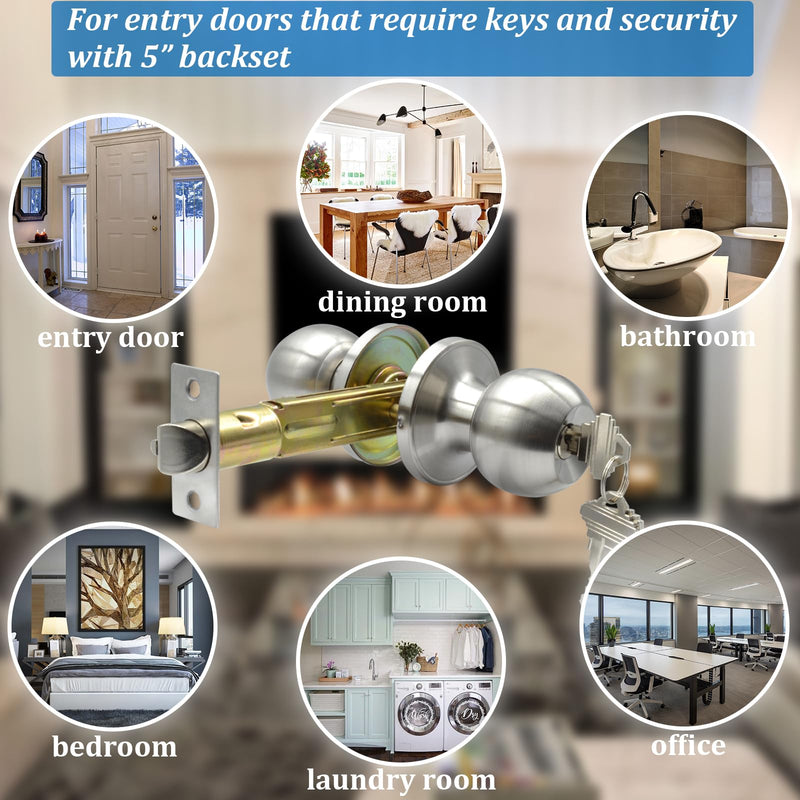 5" Backset Latch Keyed Entry Door Knob with Lock and Key, Standard Square Interface Entrance Ball Doors Knobset Lockset, Satin Nickel