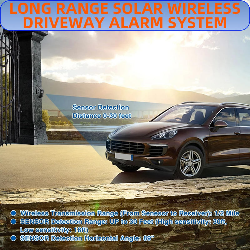 Solar Infrared Sensor Wireless Doorbell & Driveway Alarm – 1/2 Mile Range, 120° Detection, Weatherproof, Solar & USB-C Charging, for Home/Business Security 【Motion Sensor*2+ Alarm Receiver*1】