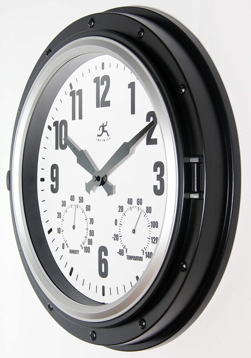 Infinity Instruments Forecaster Indoor/Outdoor Wall Clock, Thermometer, Hygrometer Combo, Stylish Durable Waterproof Weather Station for Your Home, 16 Inch, Black Black & Silver