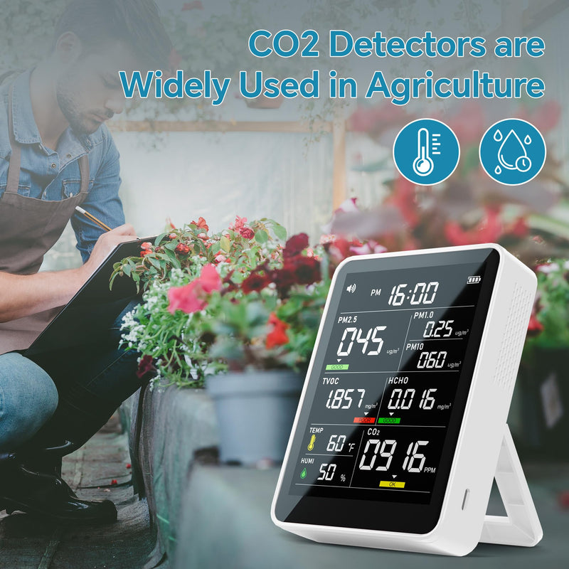 Air Quality Monitor Indoor,13-in-1 Smart Air Quality Tester with PM 2.5, CO2, TVOC, HCHO, PM1, AQI, PM10, Temperature & Humidity, Real Time Display, Battery Powered, for Home & Office (White) White