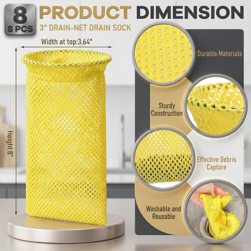 SATINIOR 8 Pcs Commercial Kitchens Drain Sock 3" Disposable Mesh Strainers for Floor Drains Yellow Mesh Drain Sock Strainer with Metal Ring on Top for Restaurants Facilities Prevent Clogs Odors 3"