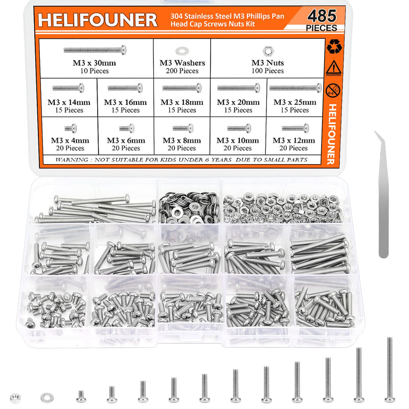 485 Pieces M3 x 4mm /6mm /8mm /10mm /12mm /14mm /16mm /18mm /20mm /25mm / 30mm, Phillips Pan Head Machine Screws, Metric Screws Bolts Washers Nuts Kit, 304 Stainless Steel 485 Pieces M3 Screw Kit