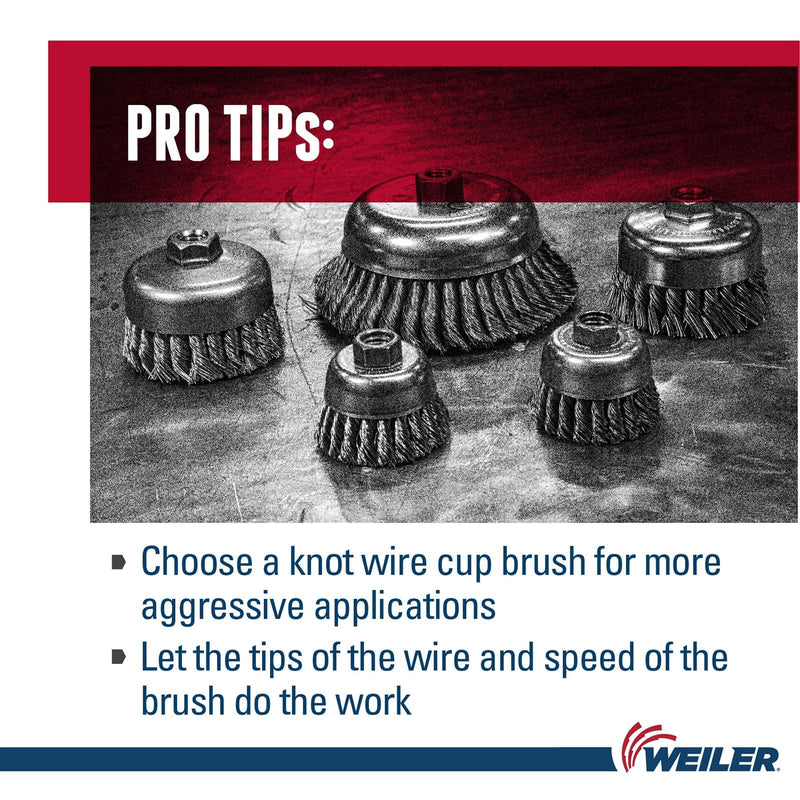 Weiler 13153 3-1/2" Single Row Knot Wire Cup Brush, .023" Steel Fill, 3/8"-24 UNF Nut, Made in the USA 3-1/2" Dia .023" Wire Size x 7/8" Trim Length