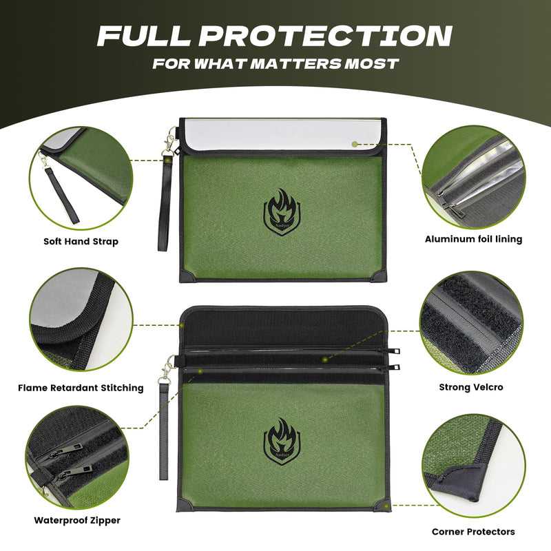 2 Pockets Fireproof Document Bag 6200°F, 10 Layers Waterproof Fireproof Money Bag for Cash with Reflective Strip, Heat Insulated Waterproof Document Holder Pouch, Fire Safe Storage (Green) Green