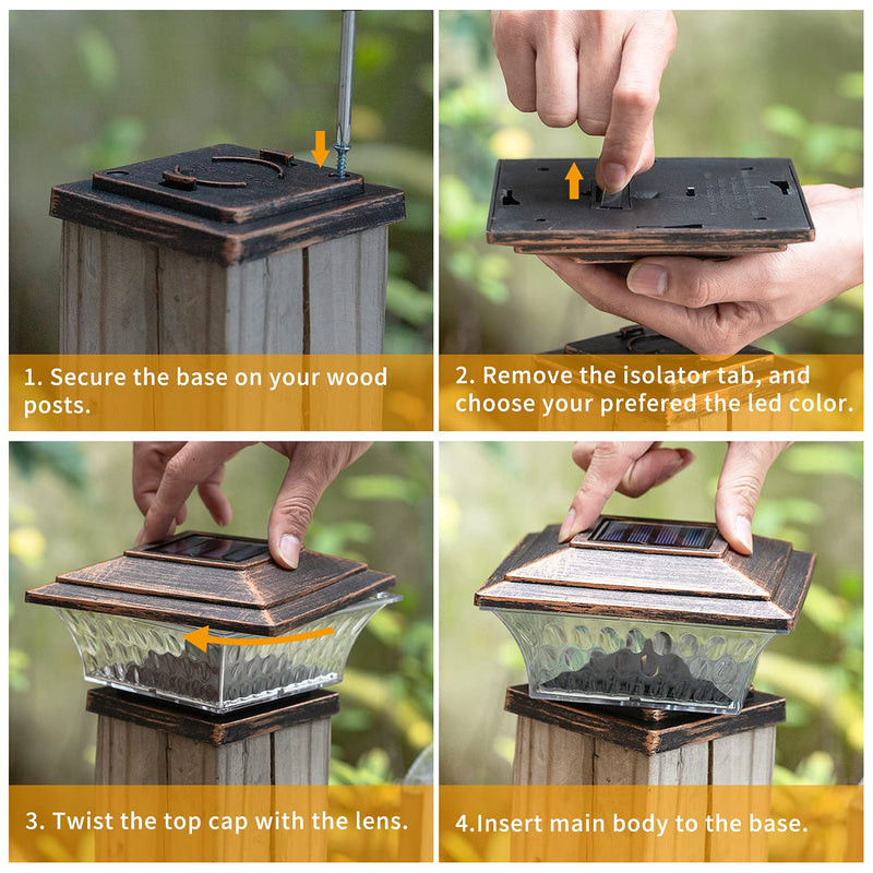 HUYIENO Solar Post Cap Lights Outdoor LED Lighting Deck Fence Cap Light Two Light Modes Warm White/Bright White Suitable for 4x4 Wooden Posts Brushed Copper 2PK