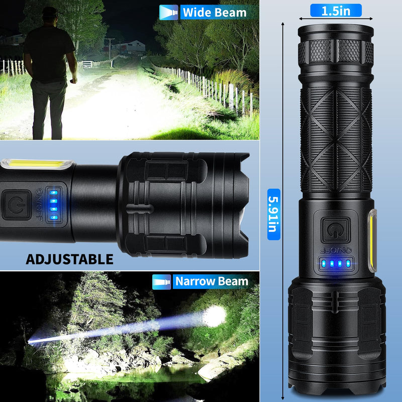 Rechargeable LED Flashlights High Lumens, 99,000 Lumen Super Bright Flashlight with 7 Modes & Waterproof, Powerful USB Rechargeable Handheld Flash Light for Camping Home Black