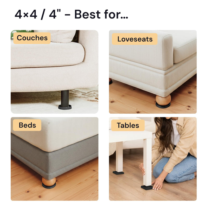 CasterMaster Heavy Duty Non Slip Furniture Pads for Wood Floors & Carpet - 4x4 Black Round Caster Cups - Rubber Feet for Furniture - Stop Bed Sliding - Bed Frame Legs Protectors (Set of 4)