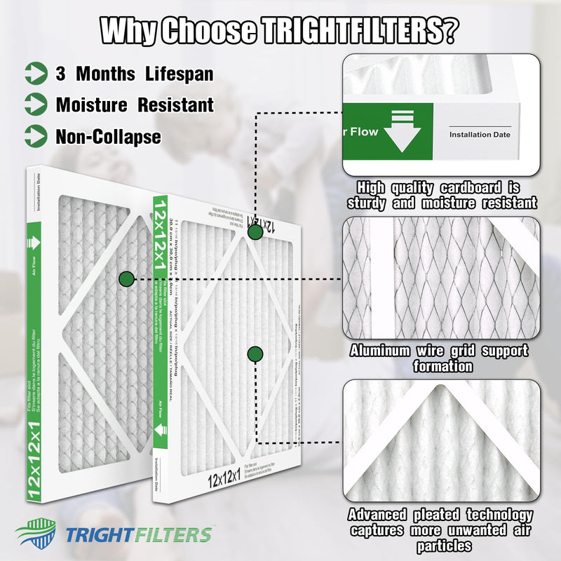 12x12x1 Air Filter 6 Pack, Durable MERV 8 Pleated Home HVAC AC Furnace Filters, Lightweight Compact Air Conditioner Filter Replacement 12x12x1