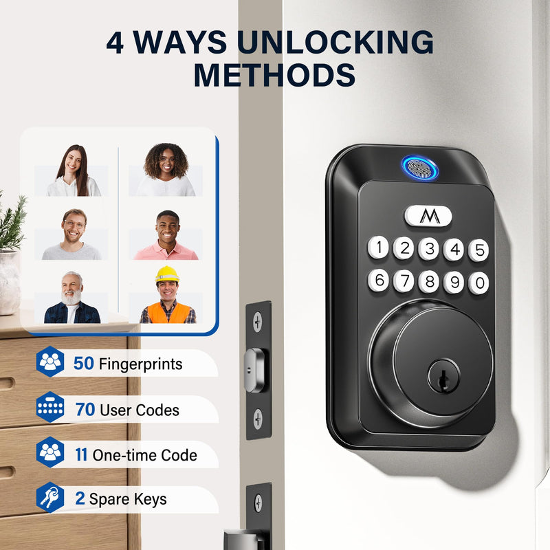 Fingerprint Door Lock - Keyless Entry Door Lock, Electronic Keypad Deadbolt, Smart Locks for Front Door - Auto Locking, Biometric,One-time Codes,Easy to Install (Matte Black) Matte Black