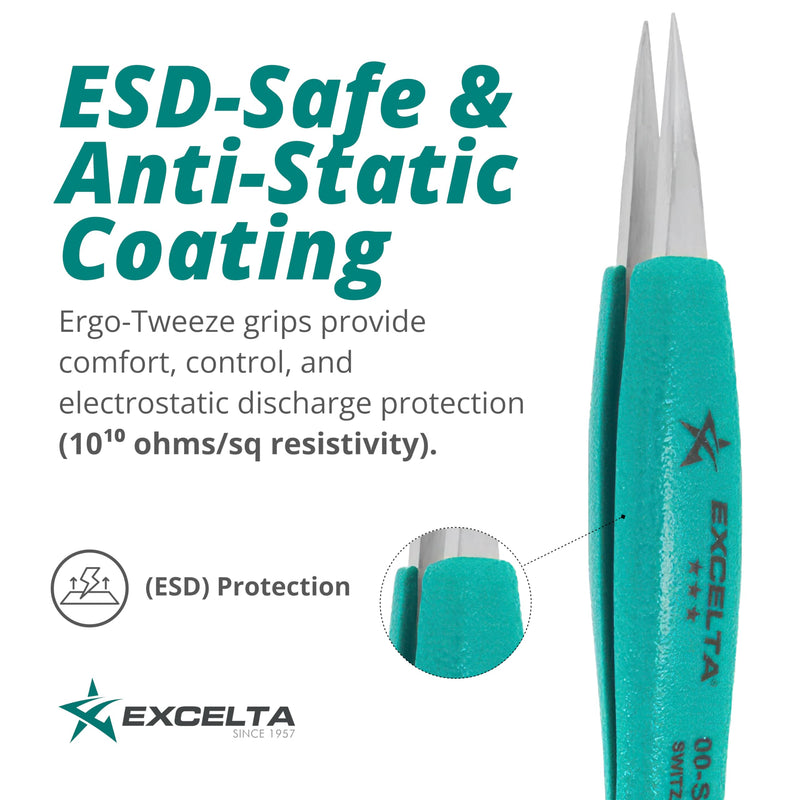 Excelta 00-SA-ET Stainless Steel Precision Tweezers, Straight Medium Point, Anti-Magnetic, ESD-Safe, Heat-Resistant, Anti-Static, Ergonomic, Professional-Grade for Lab, Electronics, Medical & Crafting 5" Straight Strong Point