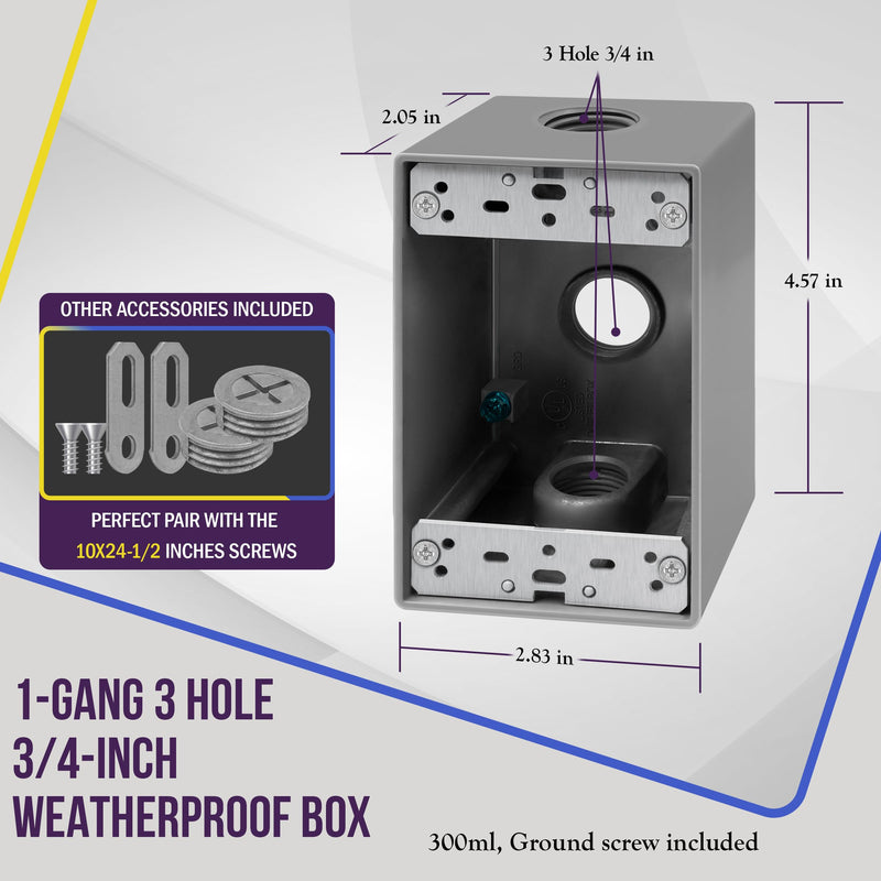 ENERLITES Weatherproof Outlet Box with Three 3/4-in Threaded Outlets, Outdoor Electrical Box, 3 Holes 0.75” Each, 1-Gang, 4.57” Height x 2.83” Length x 2.05” Depth, EN1375 0.75 Inch