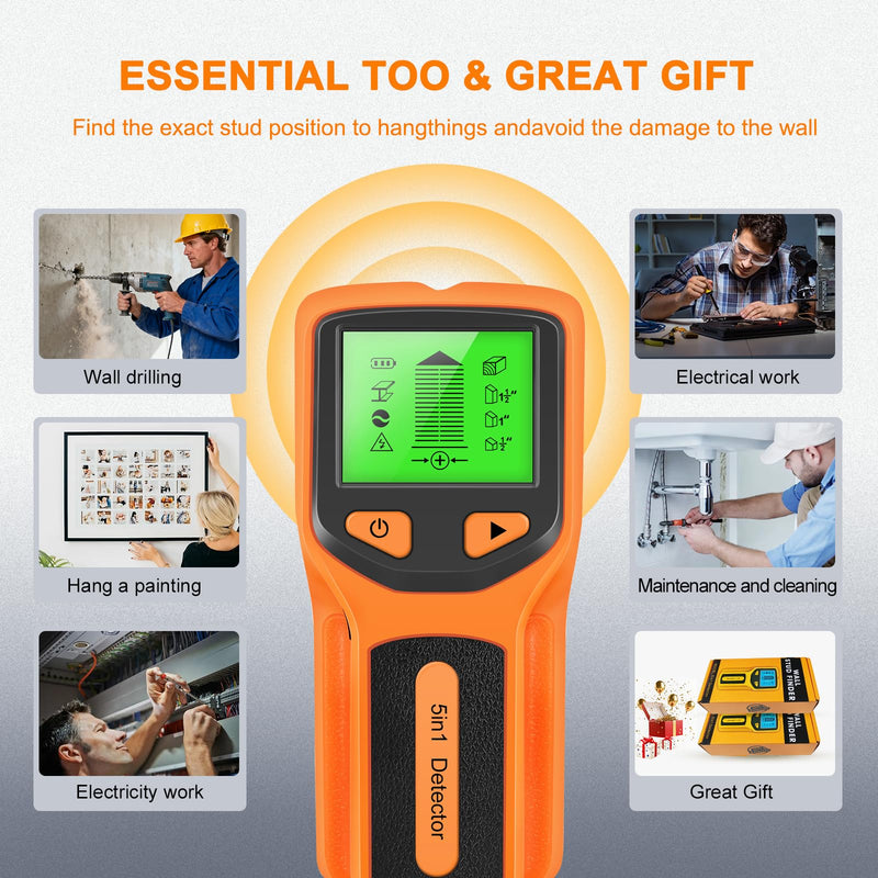 Stud Finder Wall Scanner- 5 in 1 Multifunctional Wall Detector Scanner with HD LCD Display & Audio Alarm for the Center and Edge of Wood, Metal, AC Wire & Studs Detection