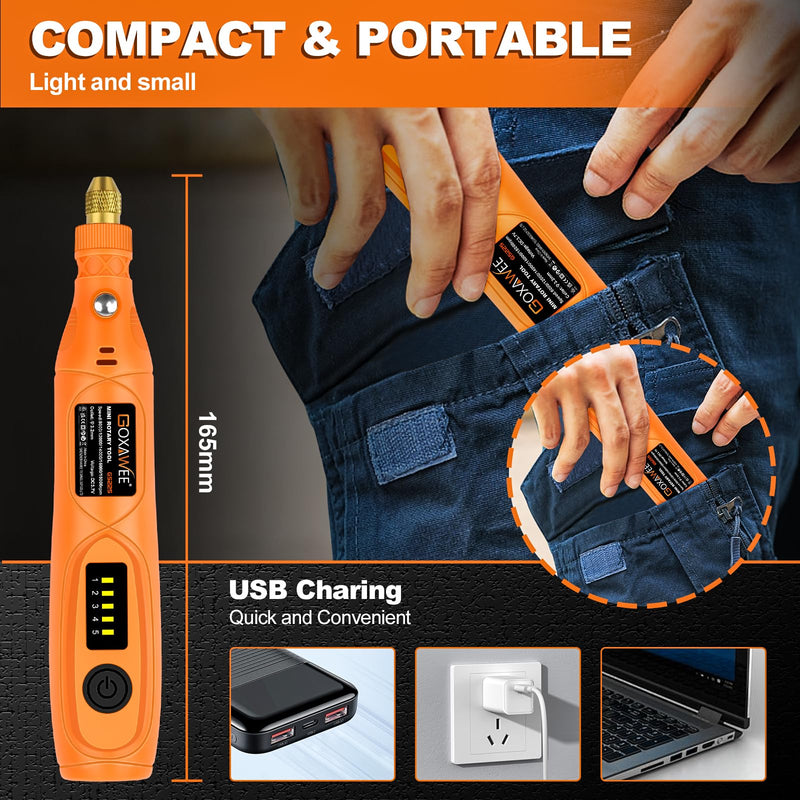 GOXAWEE Mini Cordless Rotary Tool Kit with 105pcs Accessories, USB Charging 5-Speed 18000rpm Multi-Purpose Art Craft Tool with 3.7V Li-ion Battery for Handmade Crafting and DIY Creations Yellow
