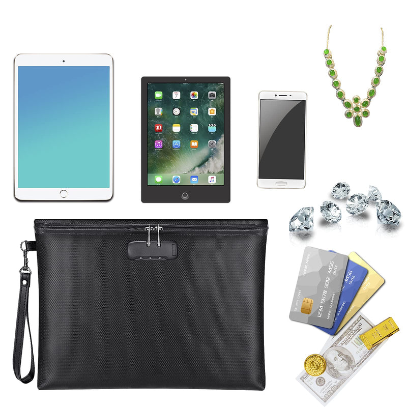 Fireproof Document Bag with Lock, ZOOPIP 14.3"x10.2" Fireproof and Waterproof Money Bag with Zipper Closure, Storage Pouch for A4 Letter Size Document, Cash, Cell Phone, Tablet, Credit Card,Passport Black 14.3"*10.2"*0.6"