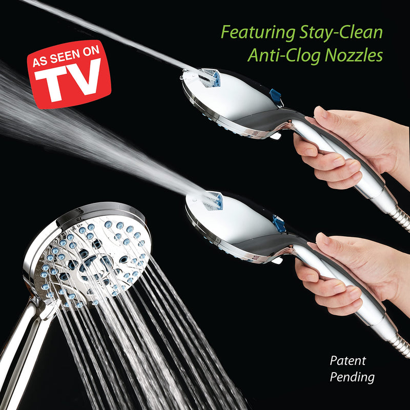 AquaCare High Pressure 8-mode Handheld Shower Head - Anti-clog Nozzles, Built-in Power Wash to Clean Tub, Tile & Pets, Extra Long 6 ft. Stainless Steel Hose, Wall & Overhead Brackets 2.5 Gallon Per Minute Premium Chrome