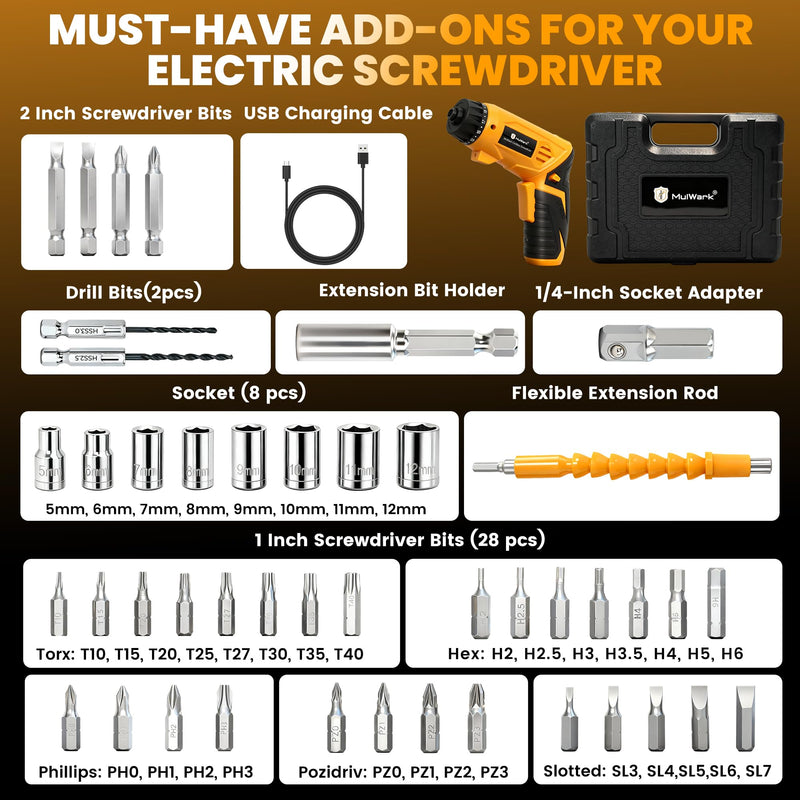 MulWark Electric Screwdriver Set, 4V Cordless Screwdriver with 46 Precision Driver Bit Set in Carrying Case Rechargeable 2-Position Handle, Powered Screwdriver Kit for Home Improvement, DIY Projects Yellow Medium