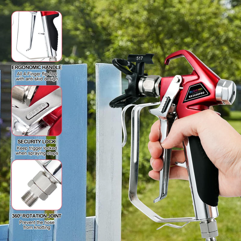 DUSICHIN Airless Paint Primer Spray Gun High Pressure 3600 PSI Reversible 517 Nozzle Tip Guard Swivel Joint with 10 inches Extension Pole for Titan Graco Airless Paint Sprayers Aftermarket DUS3600