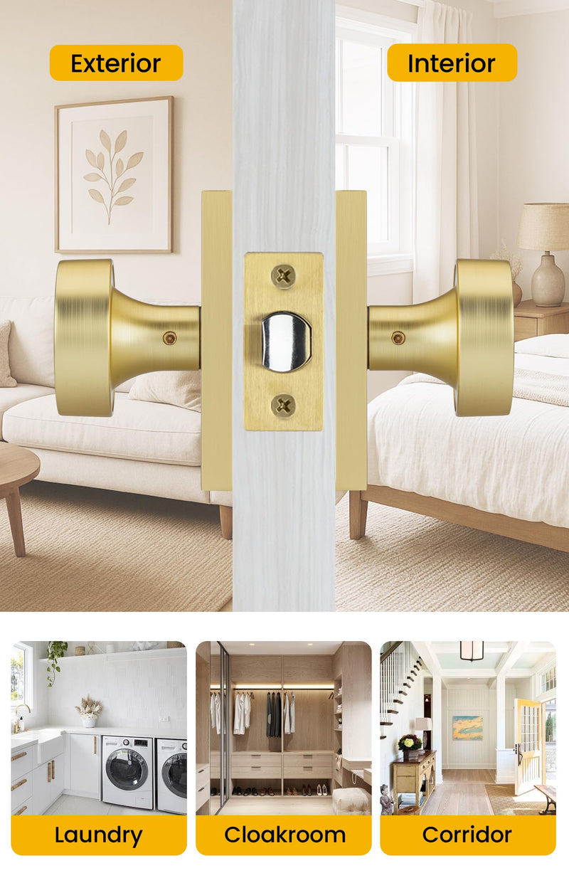 Goldenwarm Gold Closet Door Knob, Heavy Duty Brushed Gold Passage Door Knobs for for Hallway, Closet, Round Interior Door Knob, Zinc-Alloy Rectangle Rosette Indoor Doorknob (1 Pack)