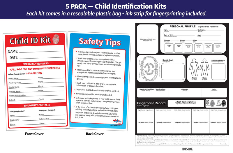 Child ID Fingerprint Kits (5 Pack) - Finger Print Kits for Kids - Child Emergency Identification Cards - English/Spanish - Includes Ink Strips for Fingerprinting 5 Pack