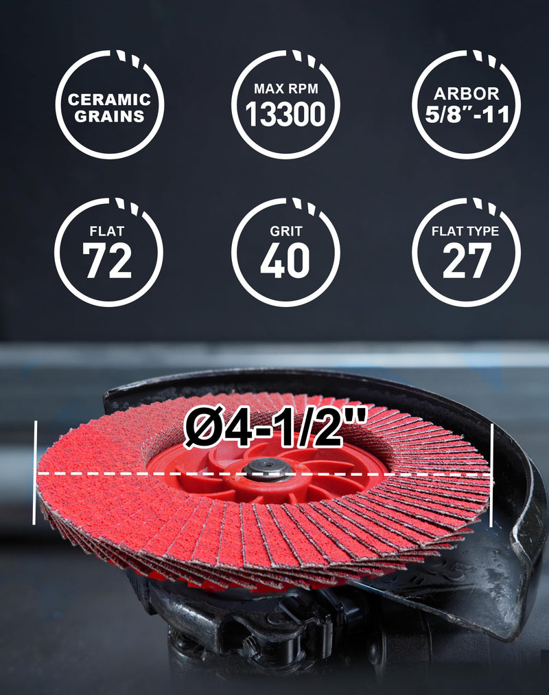EZARC Flap Discs 40 Grit, 4-1/2" x 7/8" Ceramic Grain Flap Sanding Disc, Type 27 Heavy Duty Abrasive Trimmable Grinding Wheel Finishing for Stainless Steel, Sheet Metal (5 Pack)