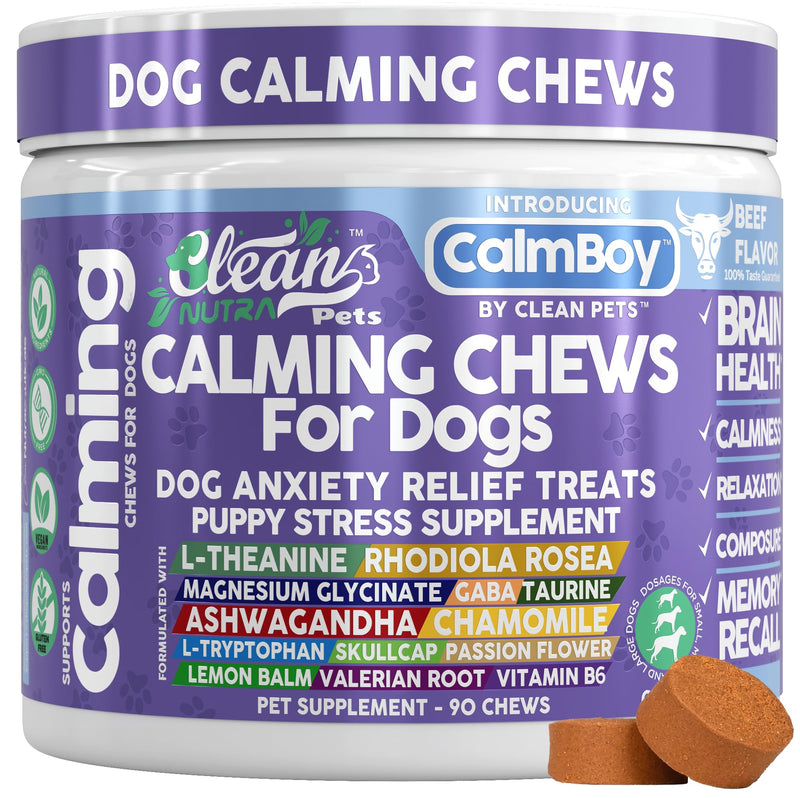 Clean Nutra Calming Chews for Dogs, Dog Anxiety Relief Supplement, L Theanine Ashwagandha Rhodiola GABA Magnesium Valerian Natural Ingredients, 90 Chews, Beef Flavor