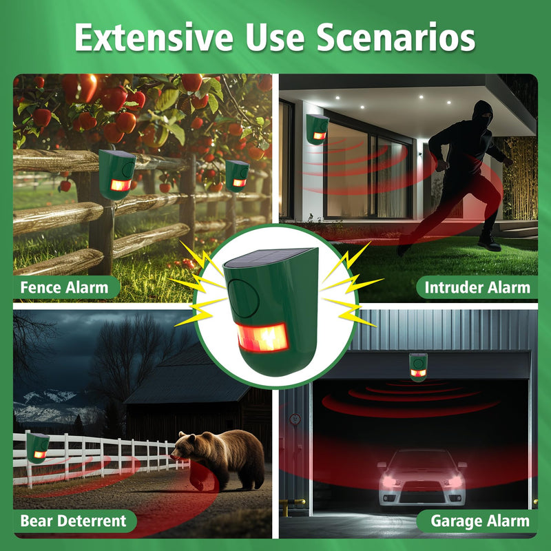ChunHee Solar Motion Sensor Alarm Outdoor 4 Working Mode Motion Activated Alarm 129dB Loud Sound Noise Maker IP65 Waterproof Motion Detector with Strobe Light for Yard Farm Garden 4PC