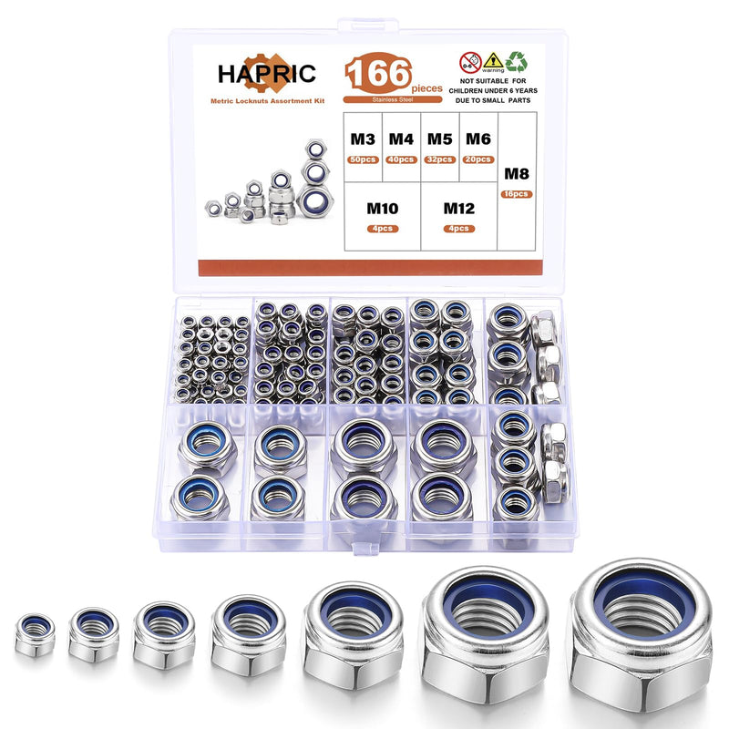 166 Pcs Metric Locknuts Assortment Kit, M3 M4 M5 M6 M8 M10 M12 Nylon Insert 304 Stainless Steel Hex Lock Nuts Hardware Nut Metric Locknuts 166Pcs