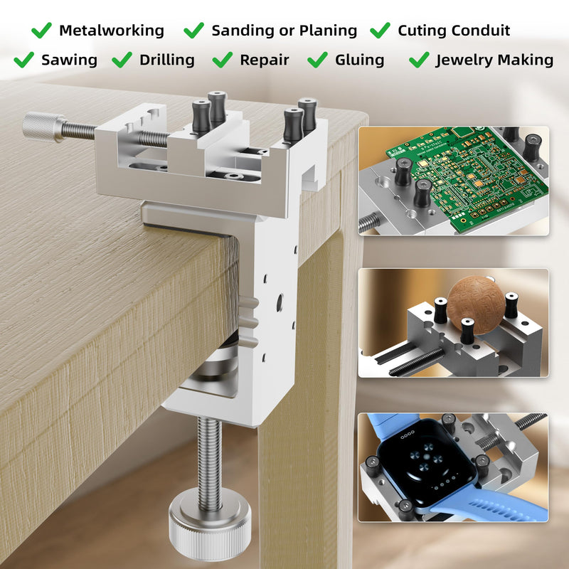 Mini Drill Press Vise & C-Clamp Desk Mount, Precision Aluminum Alloy Mini Vise with 0-1.85" Clamping Range, Universal Workbench Clamp for Woodworking, Jewelry Making, Precision Repair, DIY Gary Mini Vise+C-Clamp